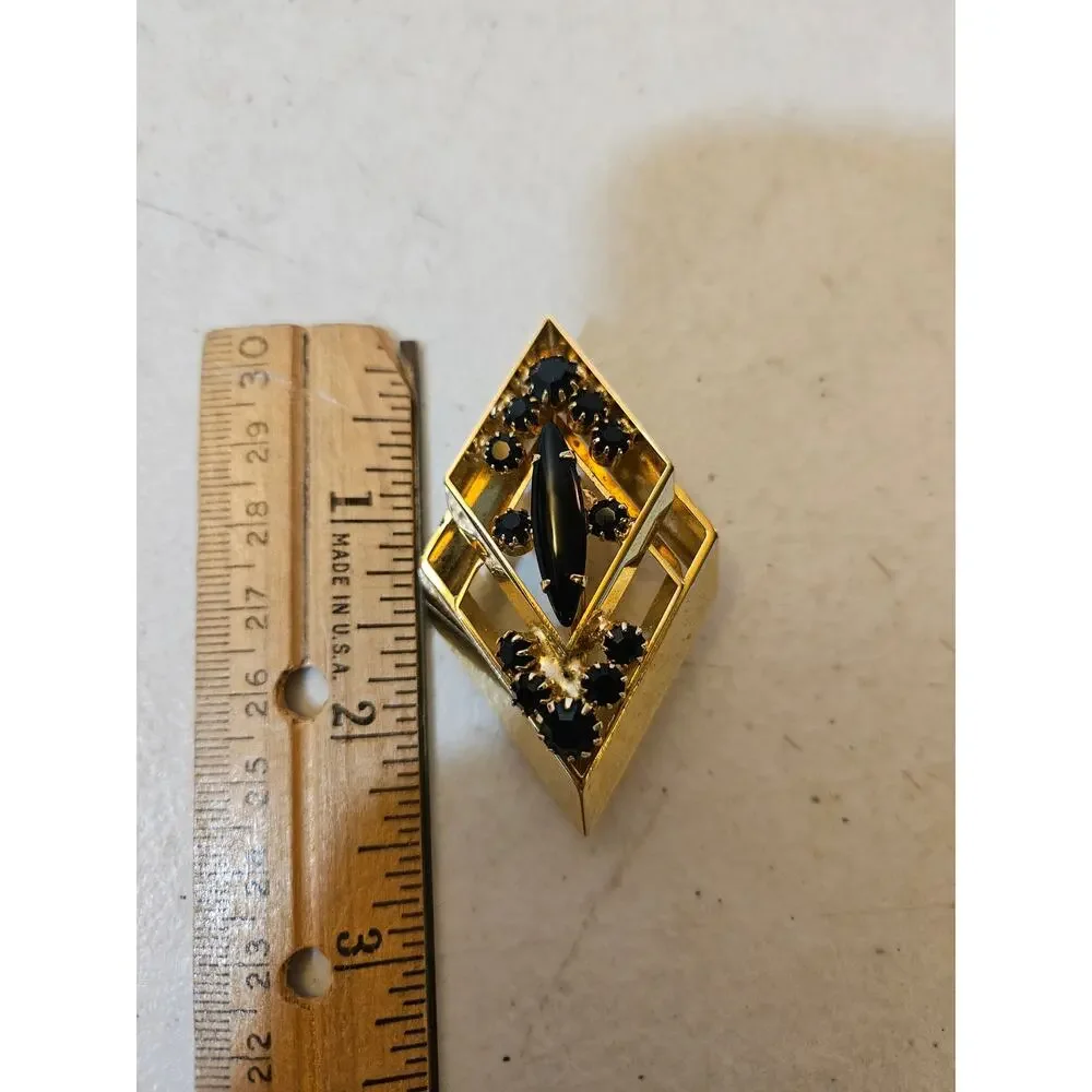 Vintage Black Rhinestone Geometric Gold Tone Brooch Art Deco Revival Pin